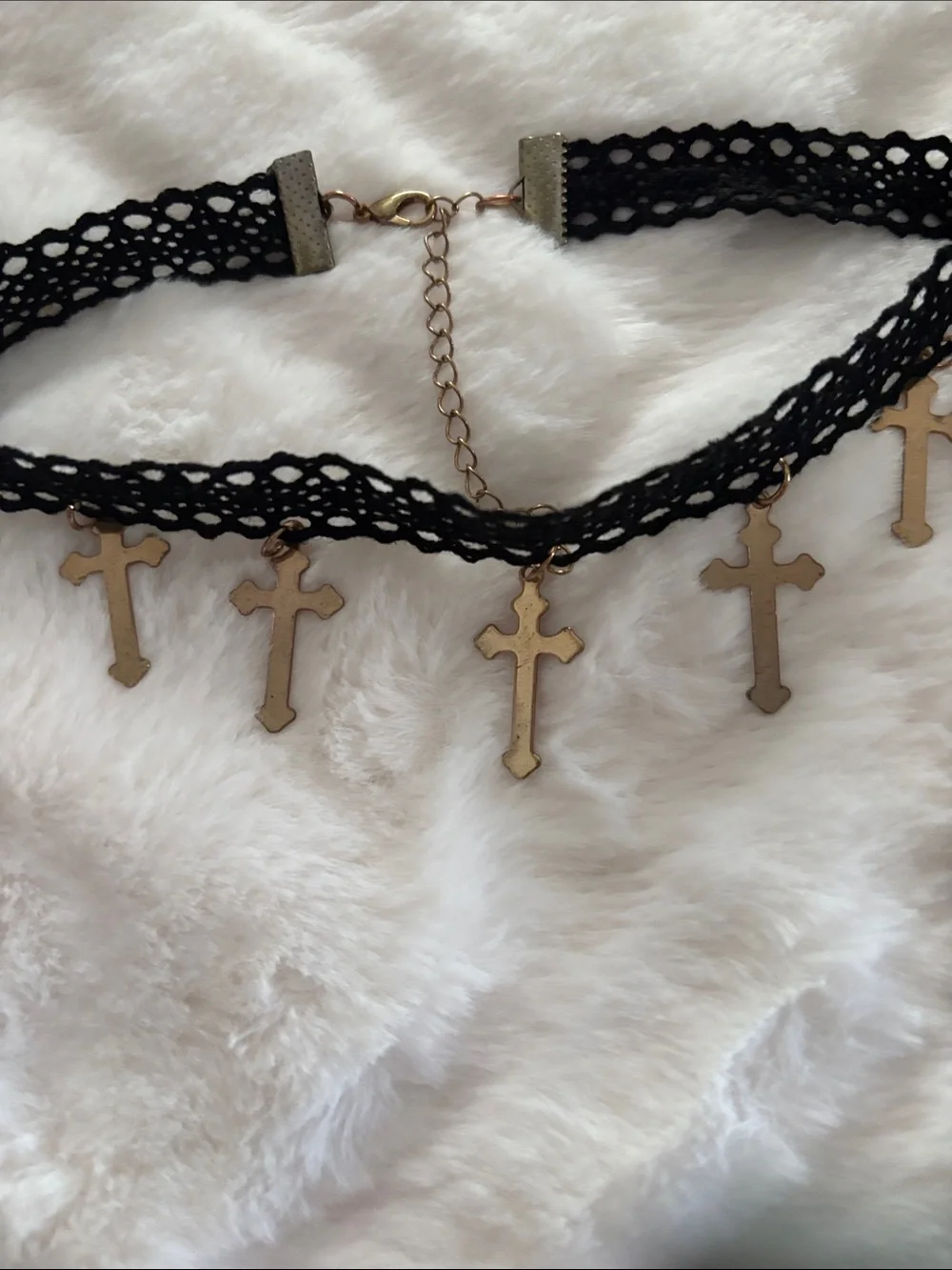 Black Lace Cross Charm Choker Necklace - Gold Crosses